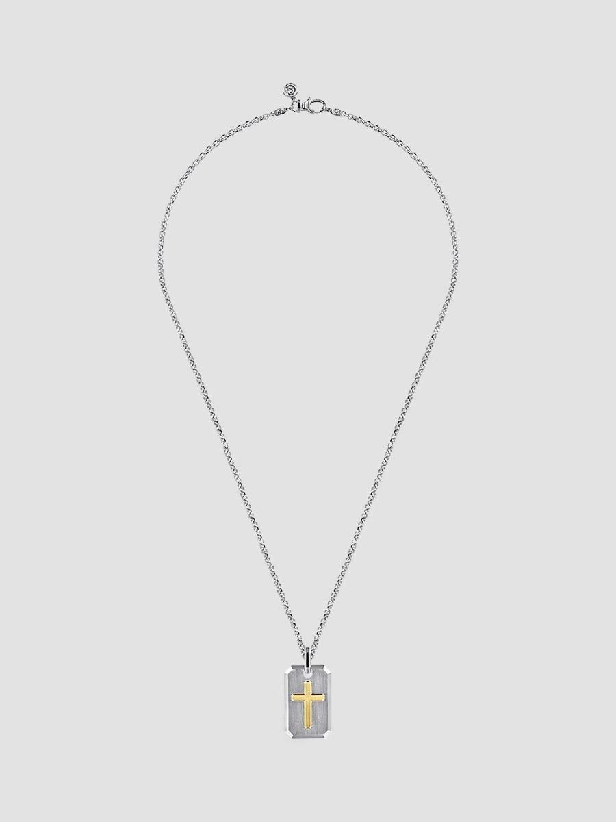 Gabriel & Co Men's Geo Sterling Silver & 14K Yellow Gold Cross Dog Tag Pendant Necklace - Silver - Size 22