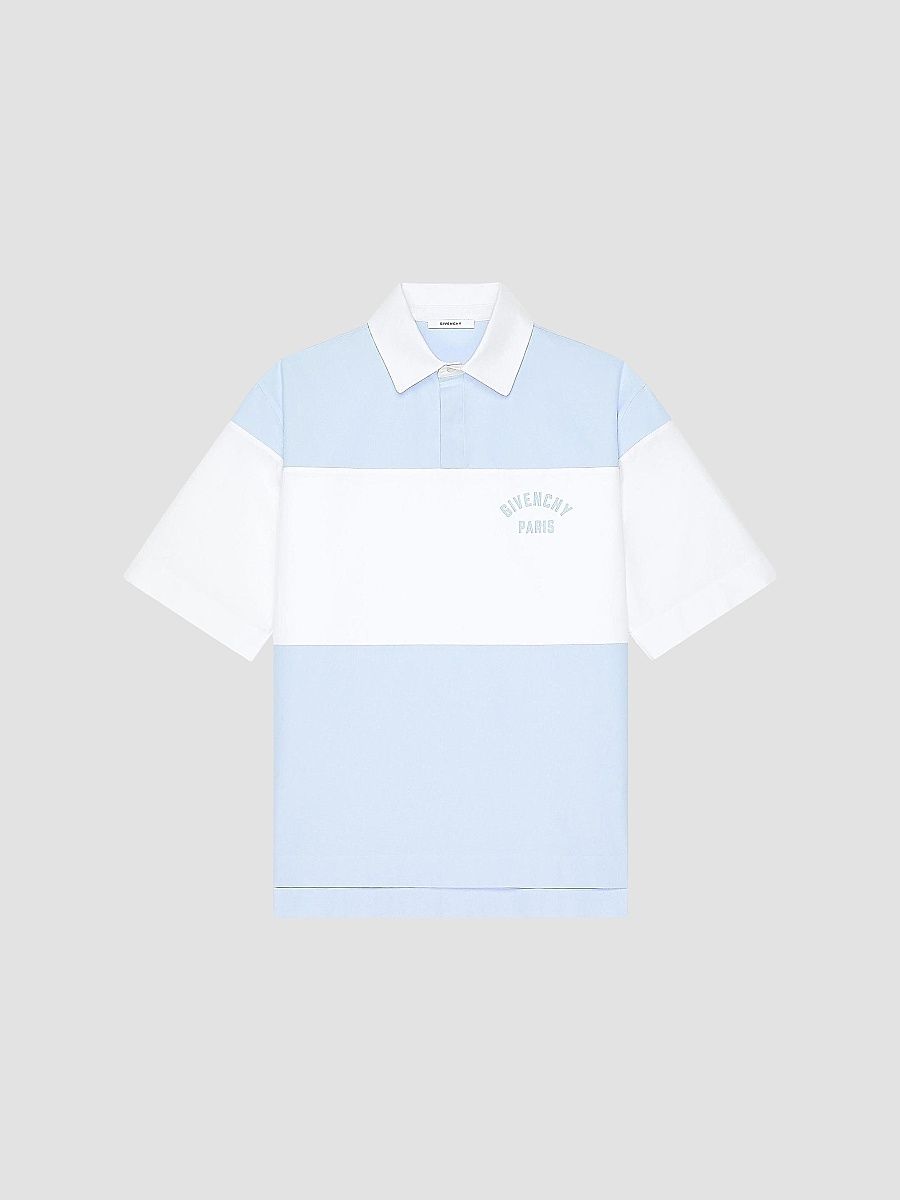 Givenchy Men's Bicolor Polo Shirt in Cotton with Logo Embroidery - White Blue - Size 15.5