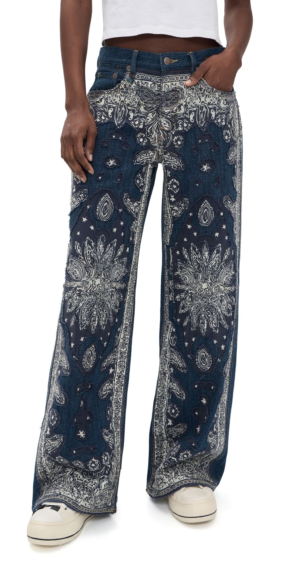 R13 D'Arcy Flare Jeans Blue Bandana Applique 28
