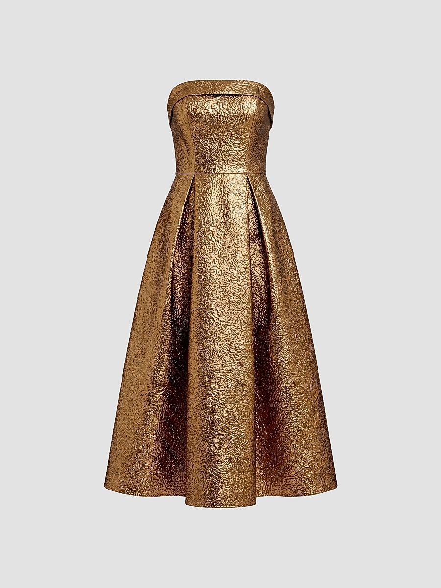 Dress The Population Women's Mika Strapless Tea-Length Dress - Gold - Size Small