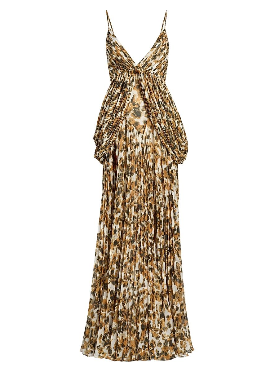 Women's Micah Abstract Chiffon Pleated Gown - Golden Multi - Size 12