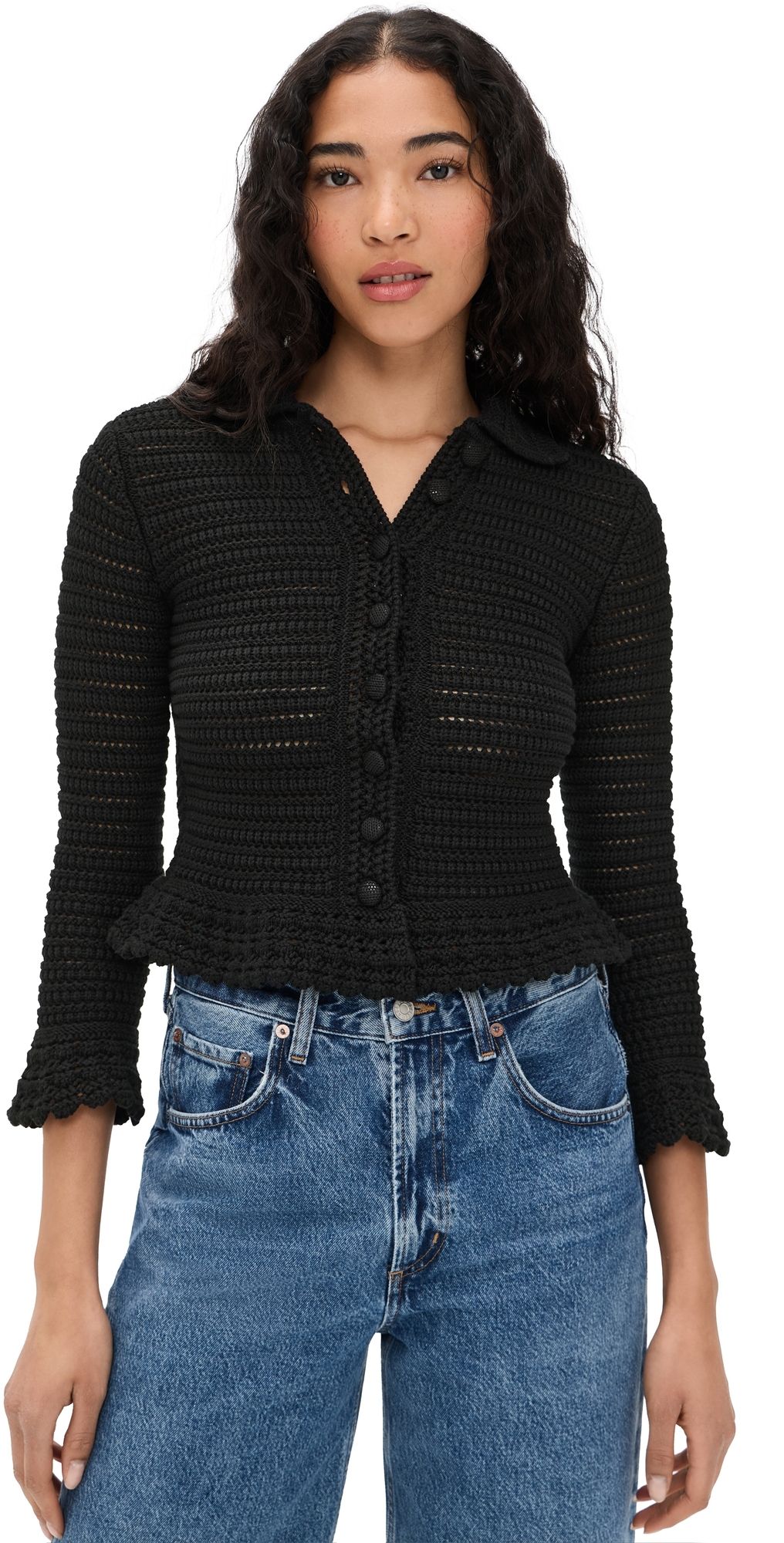 Madewell Pointelle Knit Peplum Cardigan Jet Black L