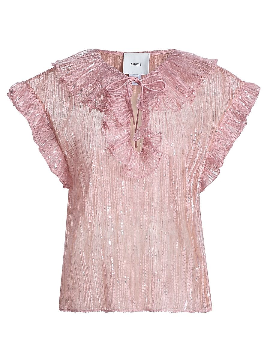 Women's Este Sequined Ruffled Sheer Top - Rose Pink - Size 12