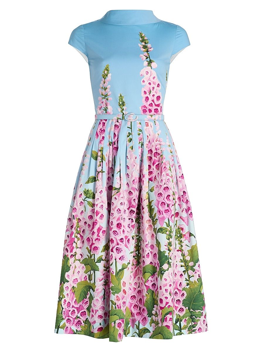 Women's Foxglove-Print Cotton Poplin Midi-Dress - Lilac Sky - Size 14
