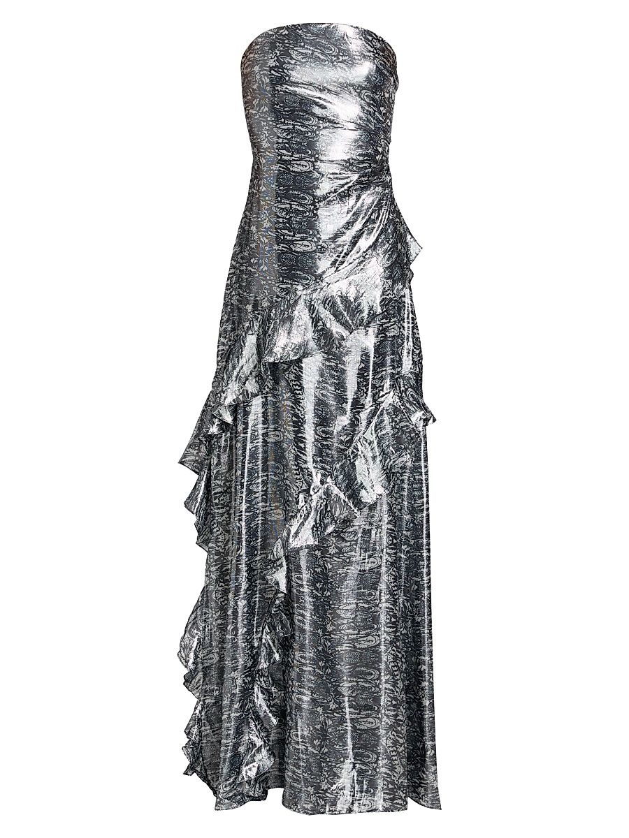 Women's Dominika Ruffled Metallic Jacquard Strapless Gown - Navy Lurex - Size 16