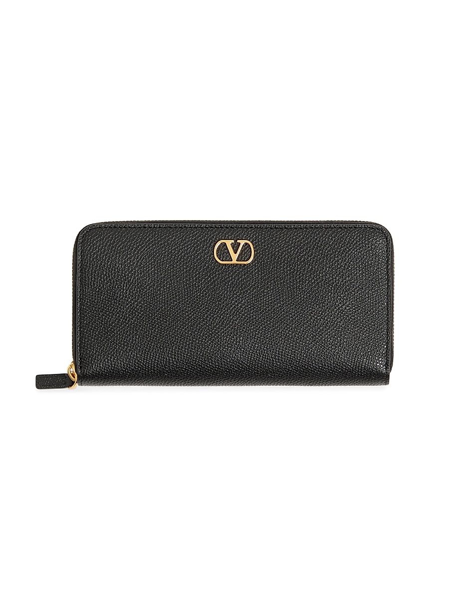 Women's V-Logo Signature Zippered Wallet in Grainy Calfskin Leather - Black
