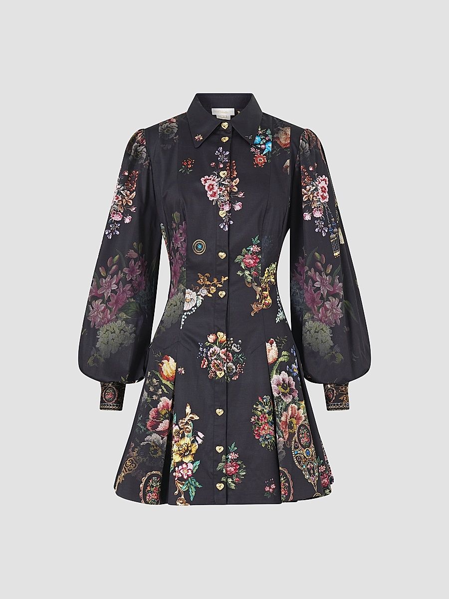 Women's Night Garden Stretch-Cotton Shirtdress - Black - Size Large