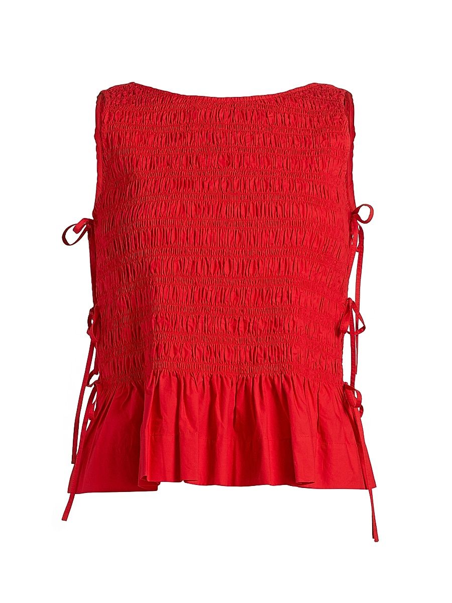 Women's Smocked Side-Tie Cotton Top - Racing Red - Size 8