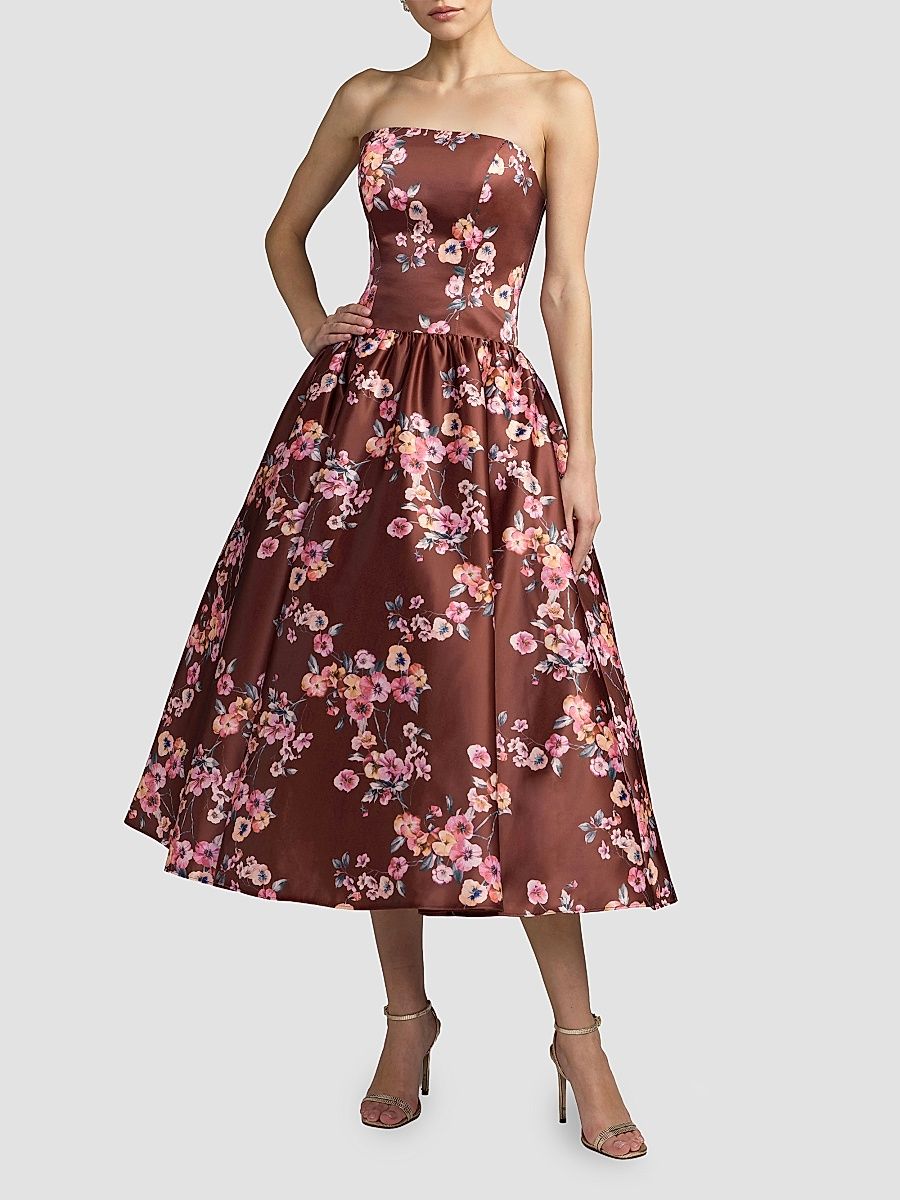 Women's Floral Satin Drop Waist Midi Dress - Bordeaux Multi - Size 14