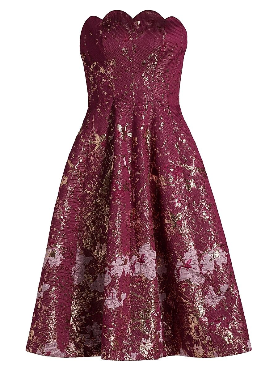 Women's Scalloped Brocade Strapless Cocktail Dress - Red - Size 10