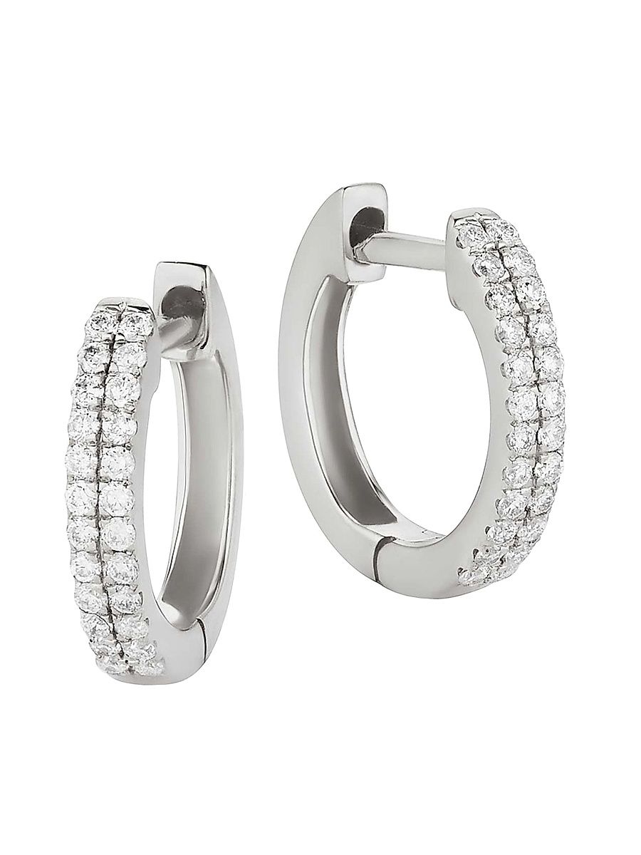 Women's 14K White Gold Twin Row Diamond Mini Hoops - White Gold