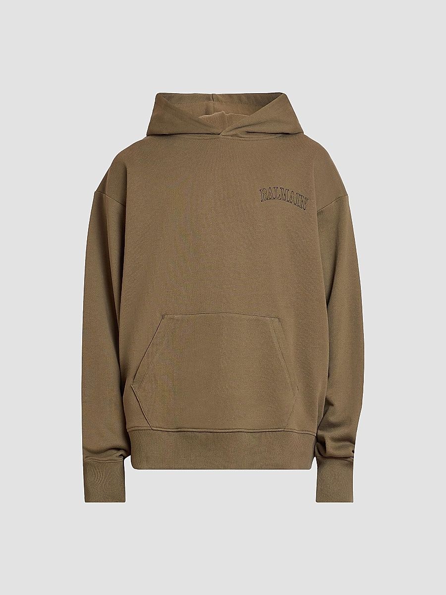 Balmain Men's Logo Cotton Hoodie - Kaki Noir - Size XL