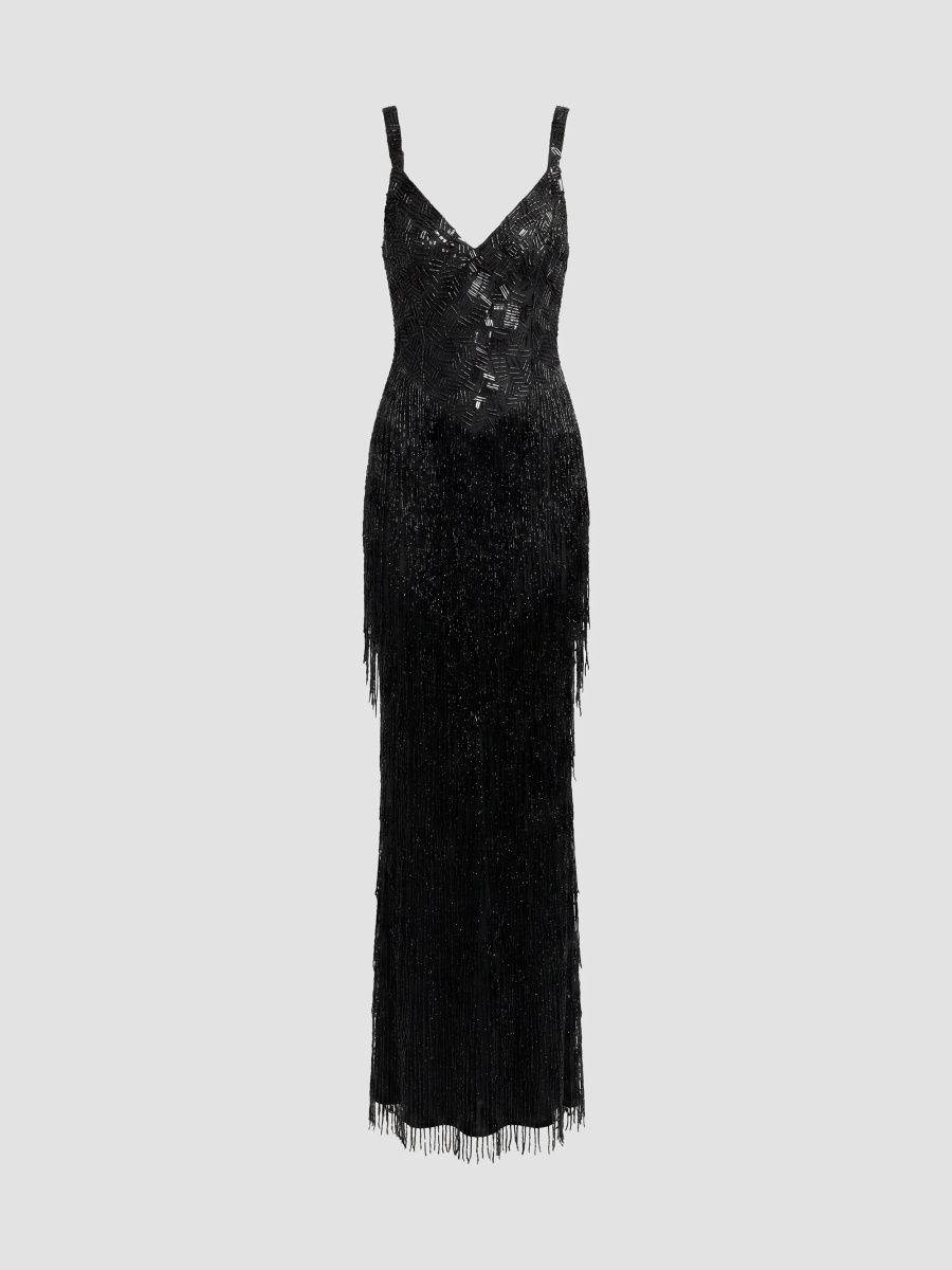 Mac Duggal Women's Beaded Fringe Column Gown - Black - Size 12
