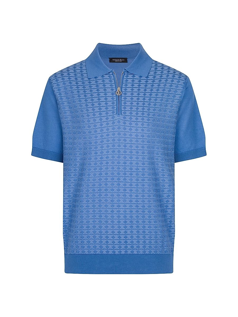 Men's Geometric Textured Silk-Cotton Quarter-Zip Polo Shirt - Light Blue - Size 38