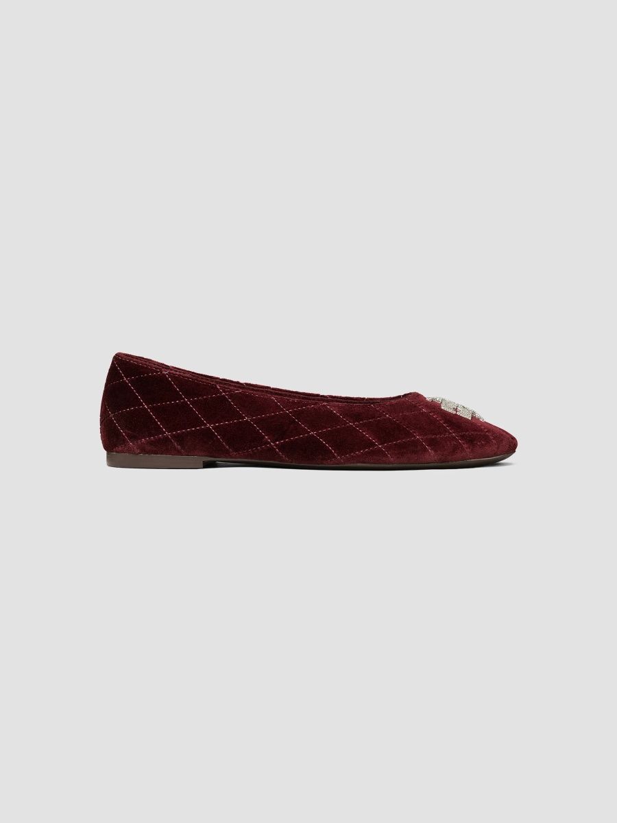 Tory Burch Women's Charlie Embellished Velvet Ballet Flats - Dark Cherry - Size 9.5