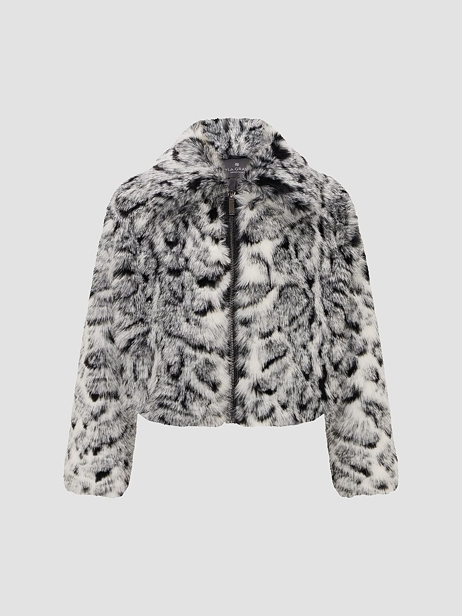 Lyla Grant Women's Faux Fur Fox Coat - Grey Snow Leopard - Size Small