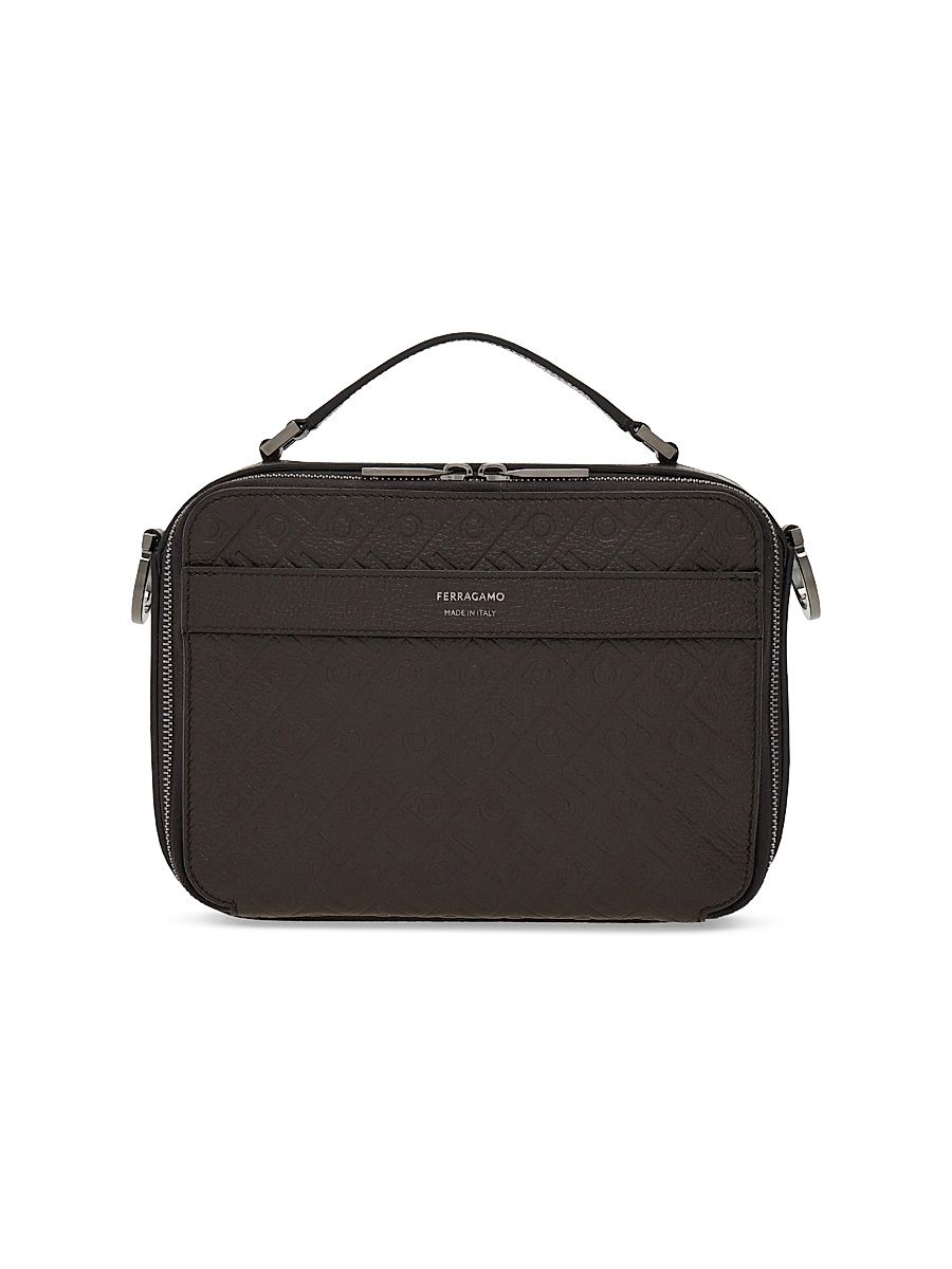 Men's Embossed Leather Shoulder Bag - Dark Brown