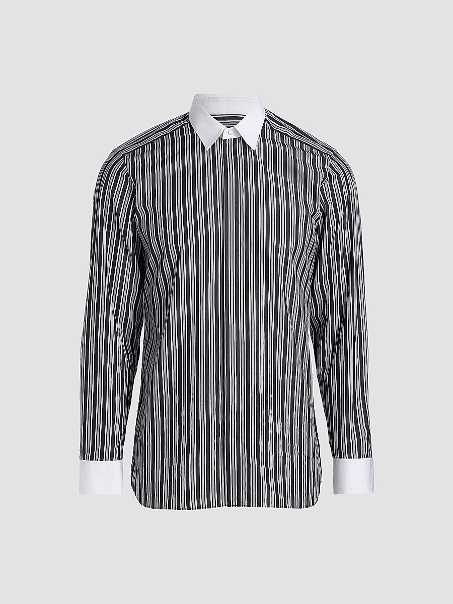 Men's Thick Stripe Contrast Collar Cotton Shirt - Black White - Size 17.5