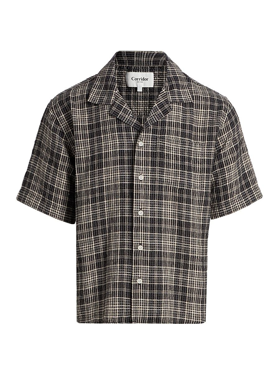 Men's Plaid Seersucker Short-Sleeve Shirt - Black - Size XXL