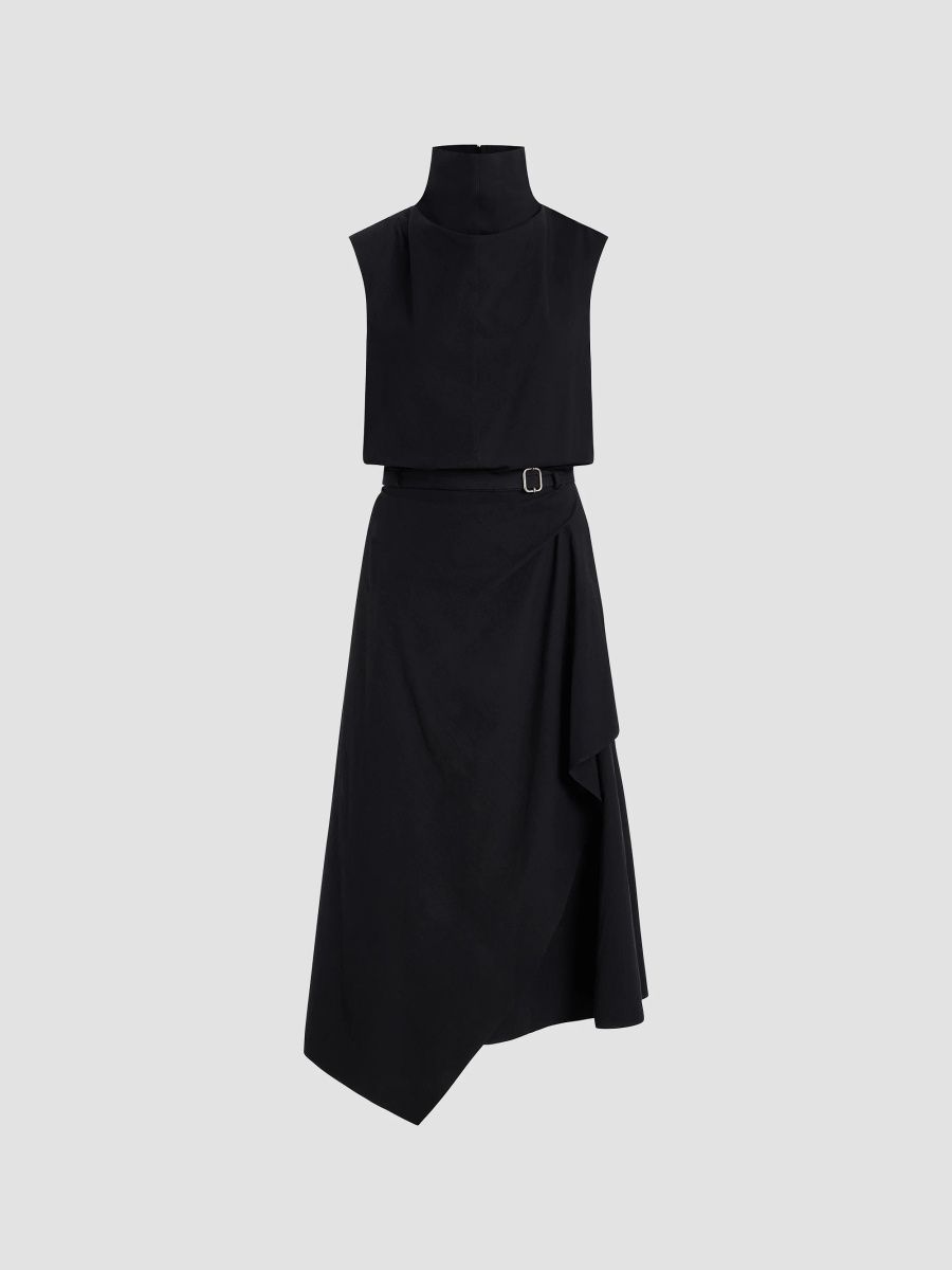 Women's Debbie Asymmetric Stretch-Cotton Funnel-Neck Midi-Dress - Black - Size 12