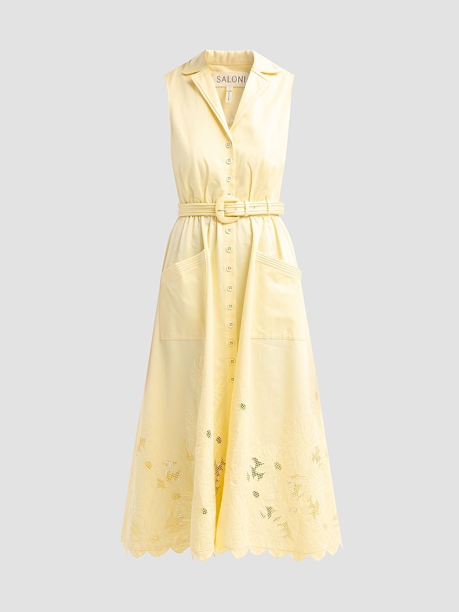 Women's Kirat Daisy-Embroidered Belted Midi Shirtdress - Soft Lemon Embroidered - Size 12