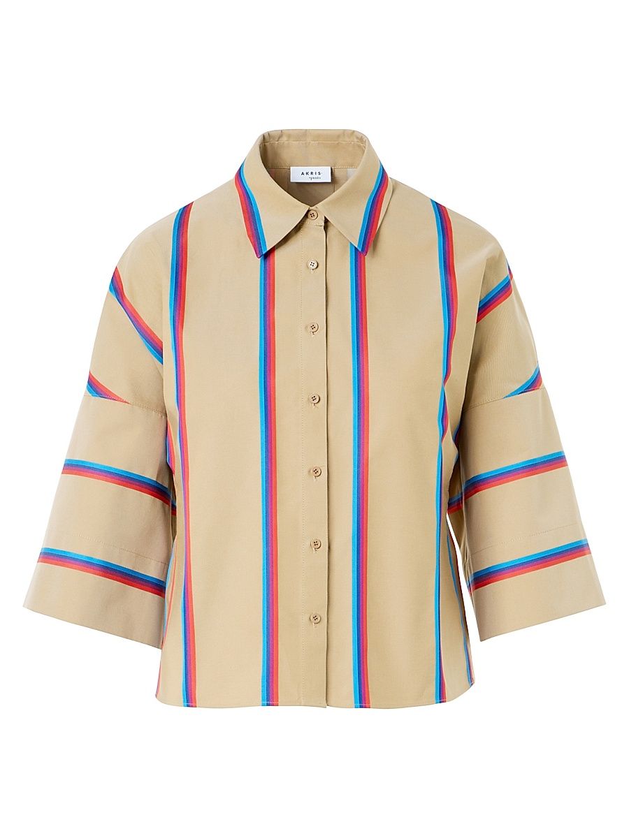Women's Boxy Multi Stripe Dropped-Shoulder Shirt - Beige Multicolor - Size 18