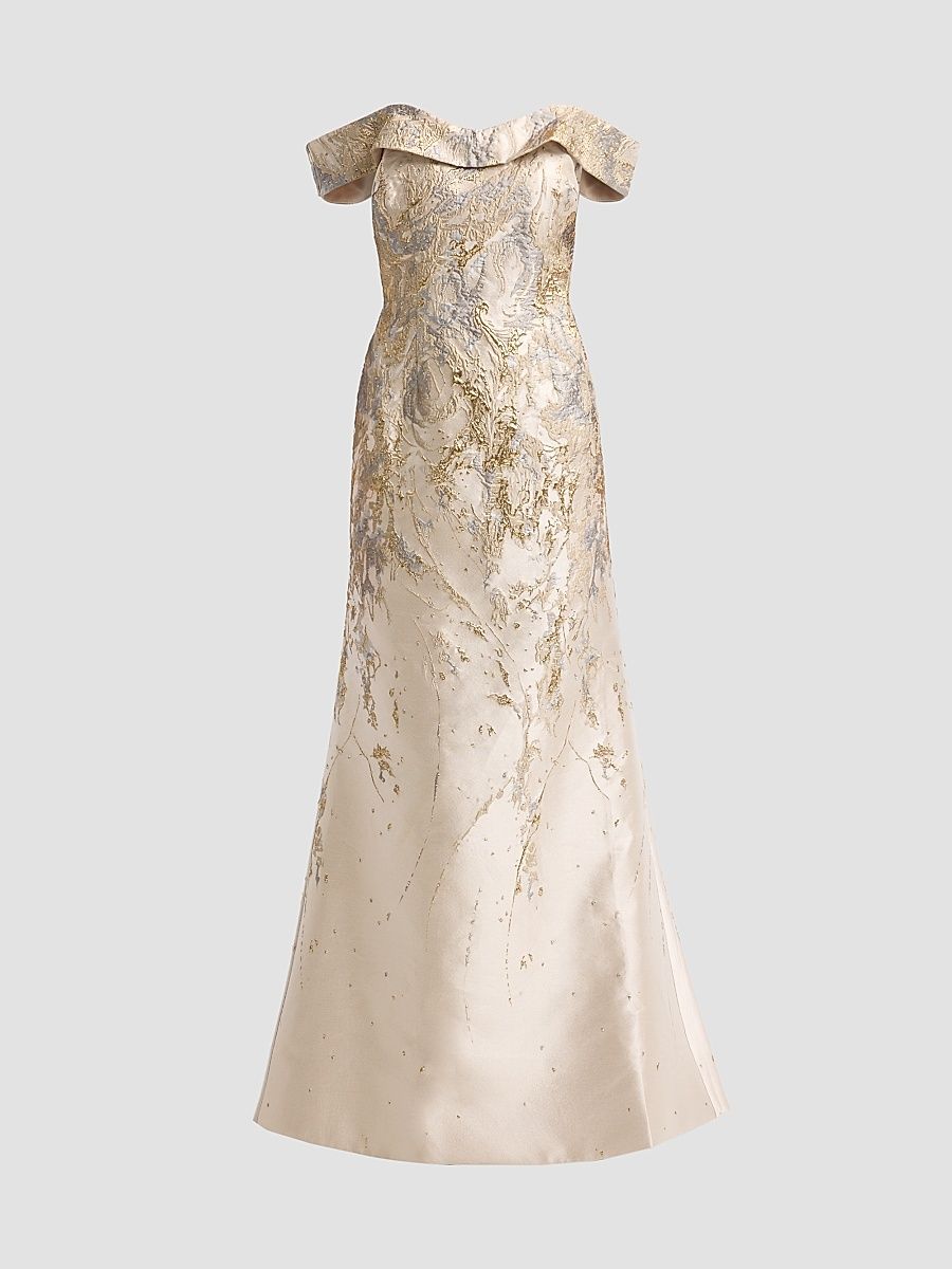Women's Jacqaurd Off-the-Shoulder Mermaid Gown - Platinum Champagne - Size 18