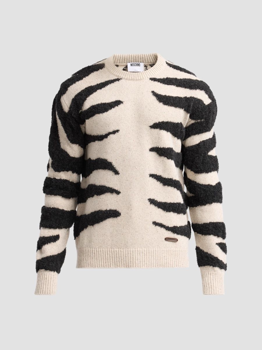 Moschino Men's Zebra Intarsia Wool Sweater - Multi Ivory - Size 44