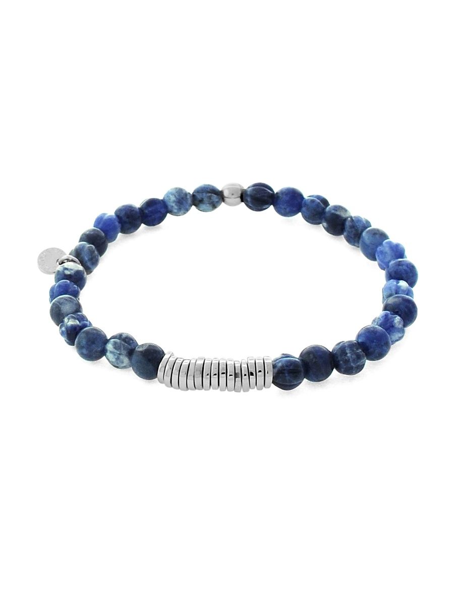 Men's Rhodium-Plated Silver & Beaded Stretch Bracelet - Sodalite - Size Large