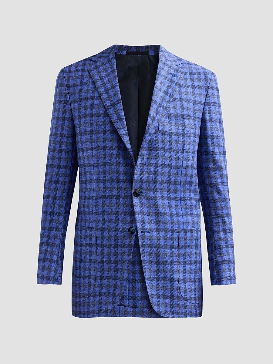 Men's Checked Cashmere-Cotton-Silk Sport Coat - Blue - Size 40