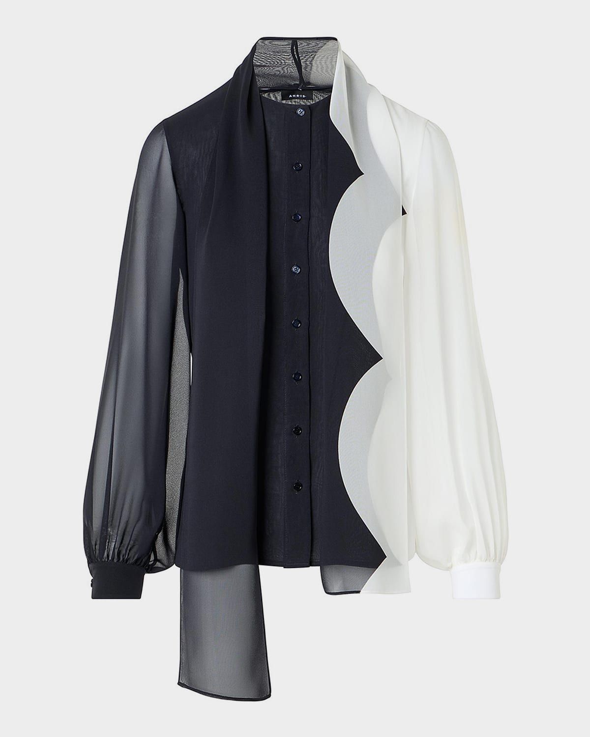 Colorblock Silk Crepe Scarf Blouse