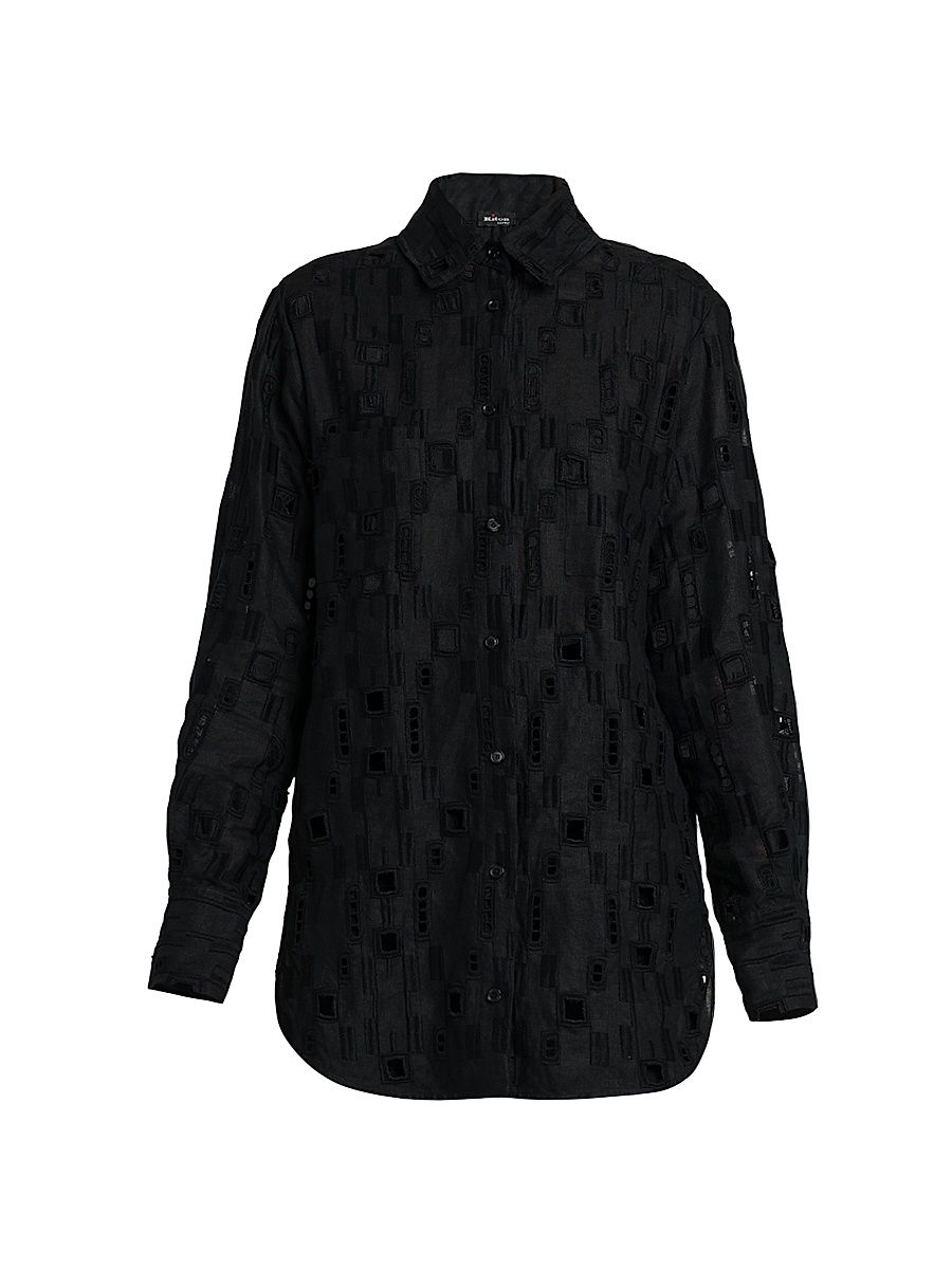 Women's Oversized Eyelet Linen Shirt - Black - Size 6