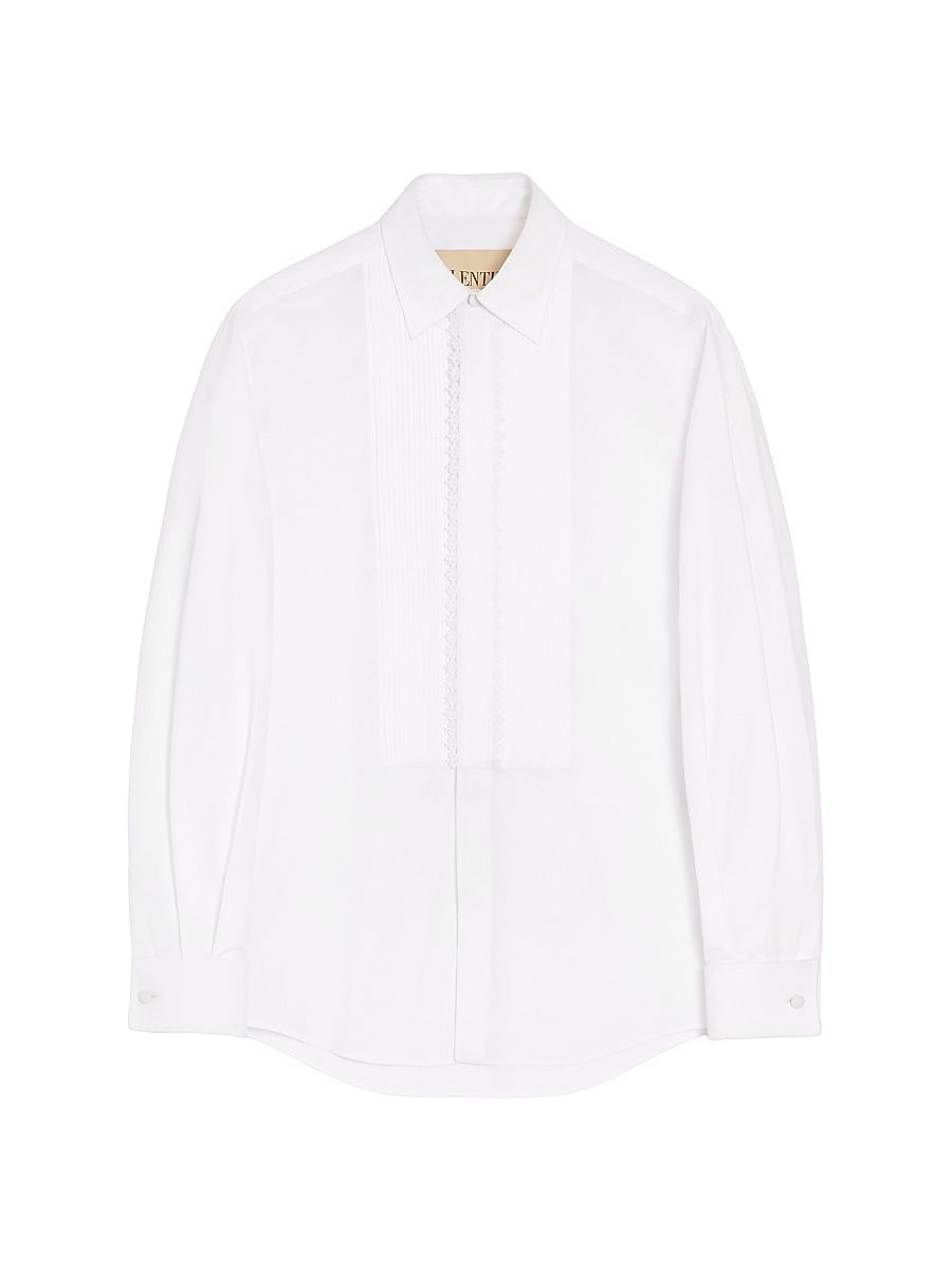 Men's Cotton Poplin Shirt with Pleated Plastron and Lace Details - White - Size 16.5