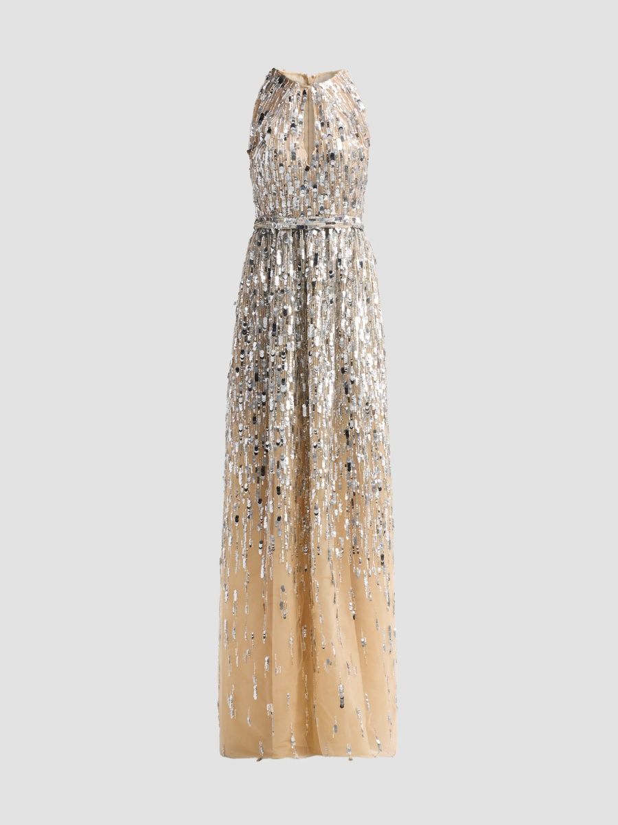 Pamella Roland Women's Embellished Tulle Cut-Out Gown - Champagne Silver - Size 12