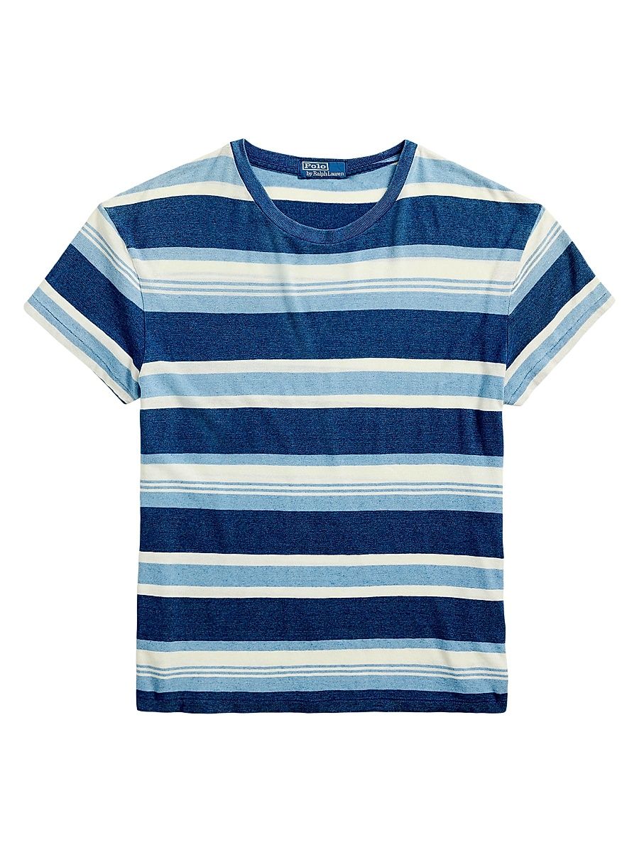 Men's Striped Cotton and Linen T-Shirt - Dark Indigo Ombre - Size Medium