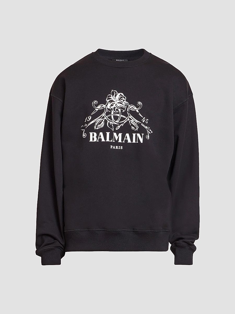 Balmain Men's Vine-Print Logo Graphic Cotton Sweatshirt - Noir Blanc - Size XL