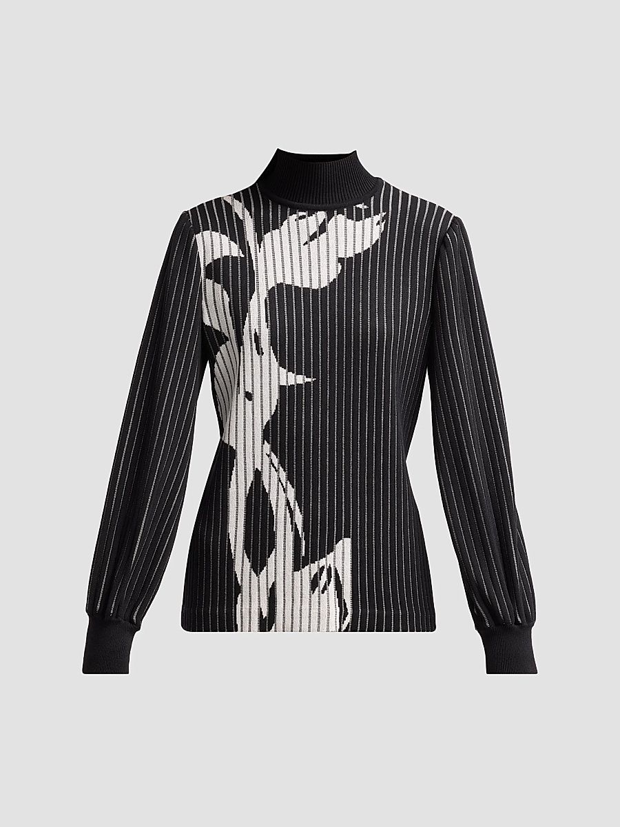 Ming Wang Women's Floral Striped Tunic - Black Ivory - Size XL