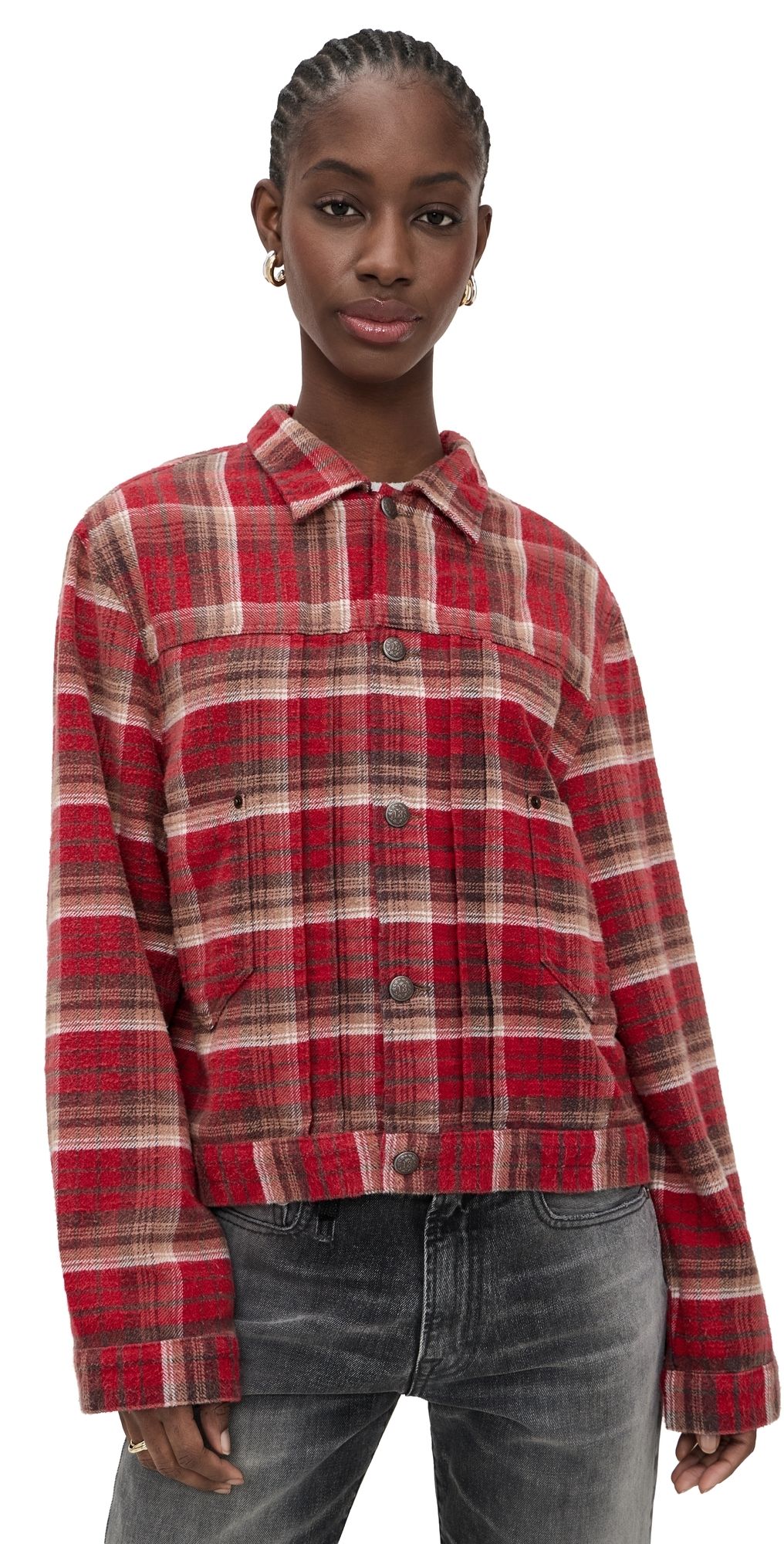 R13 Relaxed Pleated Trucker Jacket Red Plaid M