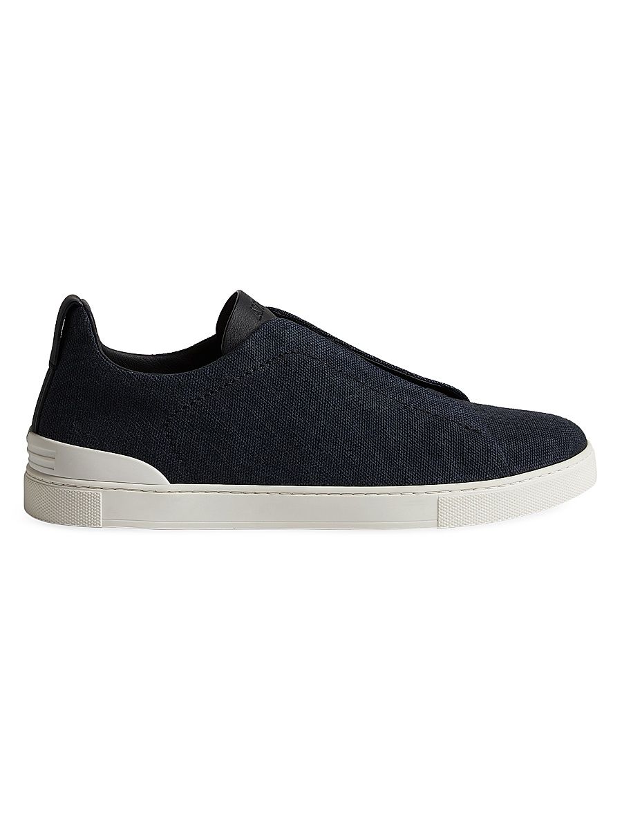 Men's Cotton Linen and Leather Triple Stitch Sneakers - Navy Blue - Size 13