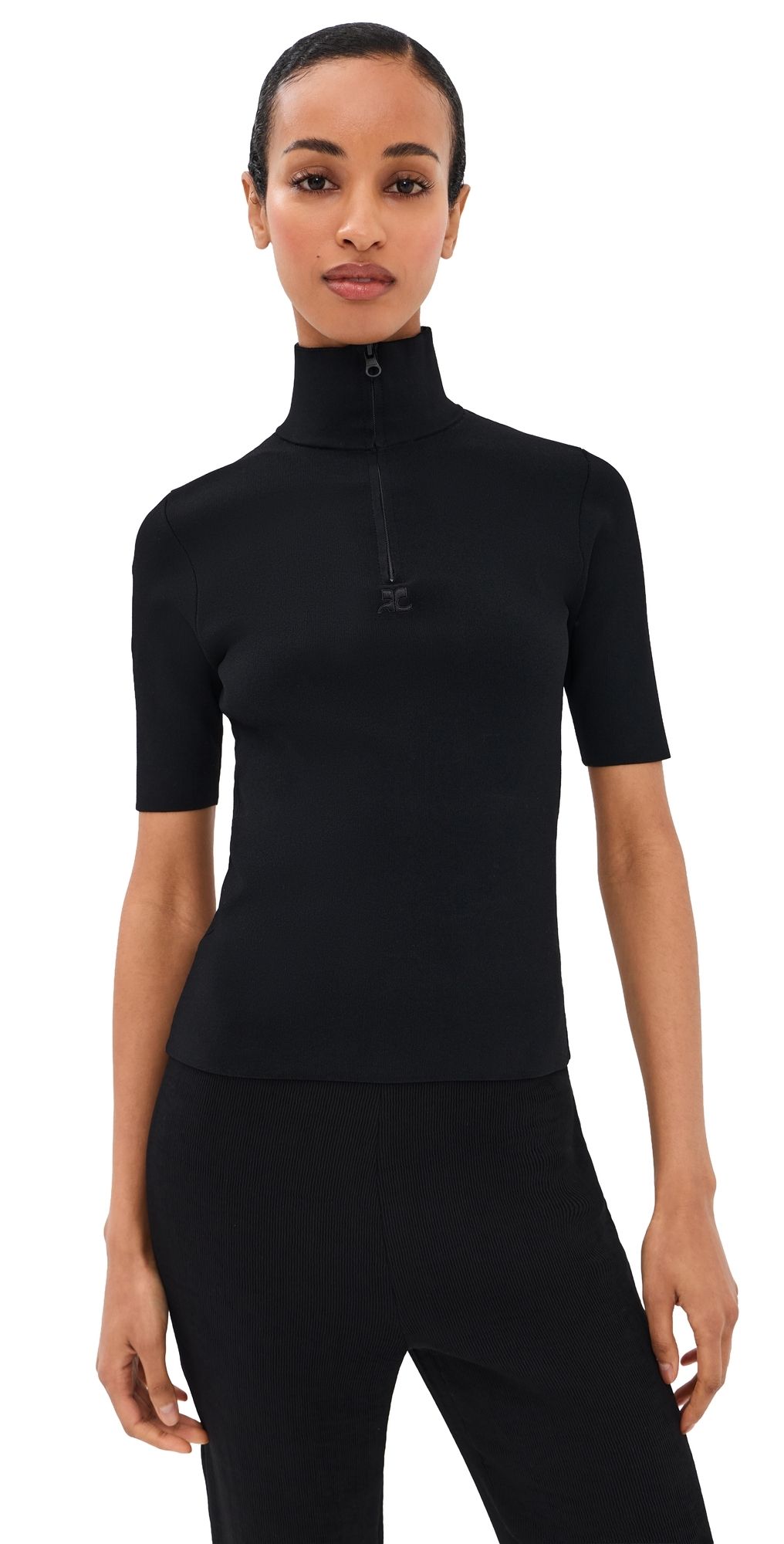 Courrèges Zipped Mockneck Knit Top Aqua S