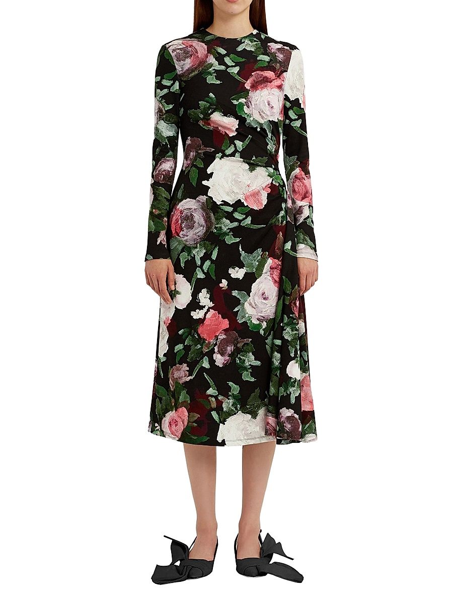Women's Floral Draped Midi-Dress - Painted Rose Bouquet Black - Size 8