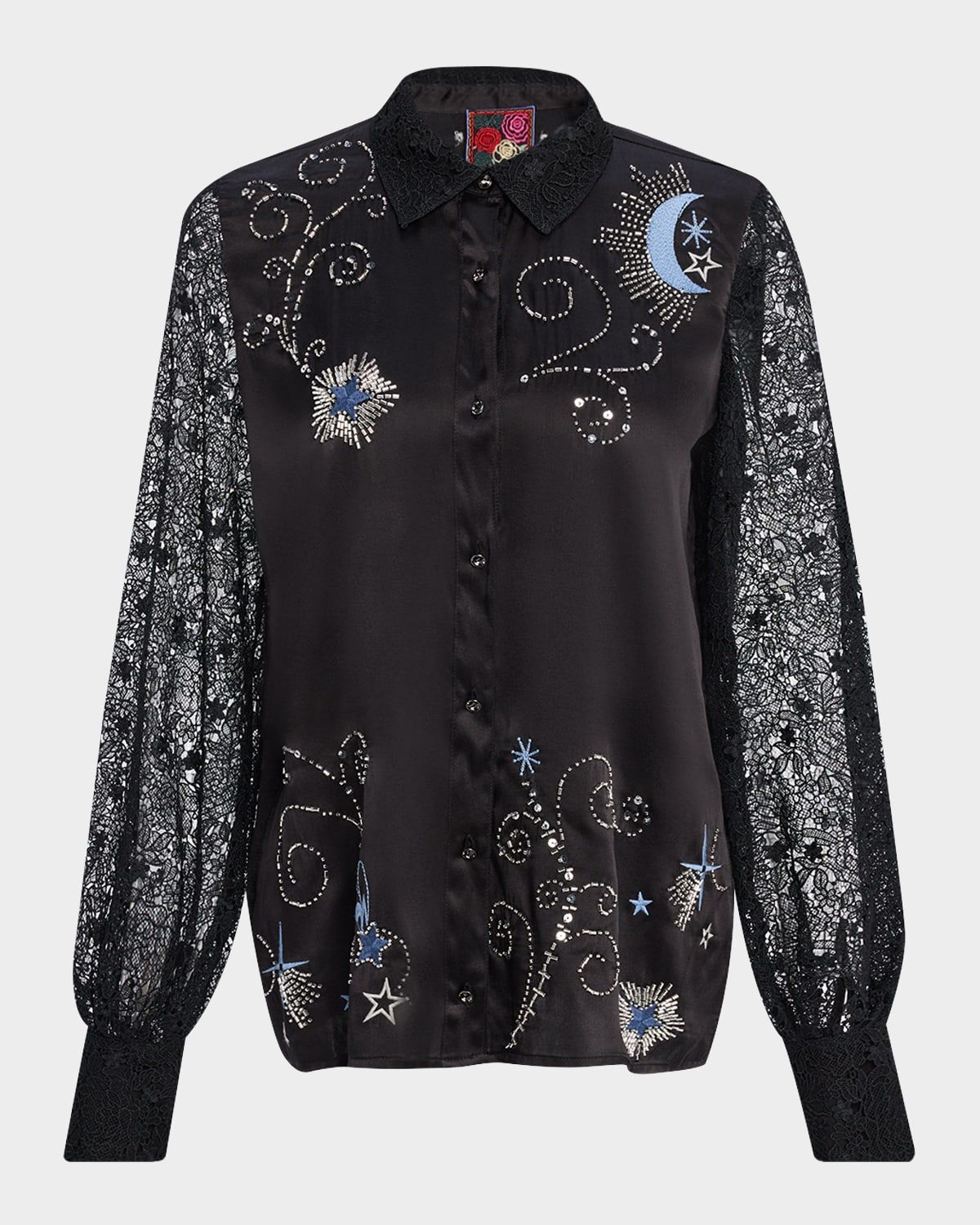 Vanti Beaded Lace-Sleeve Blouse