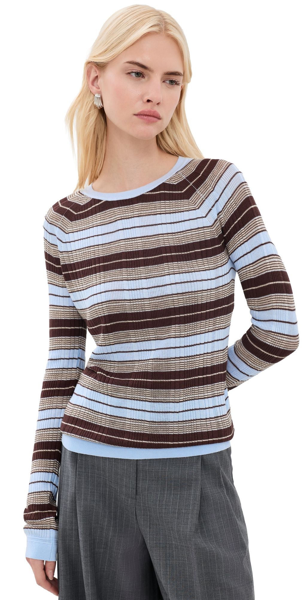 rag & bone Teresa Silk Blend Stripe Crew Pullover Ltblm XXS