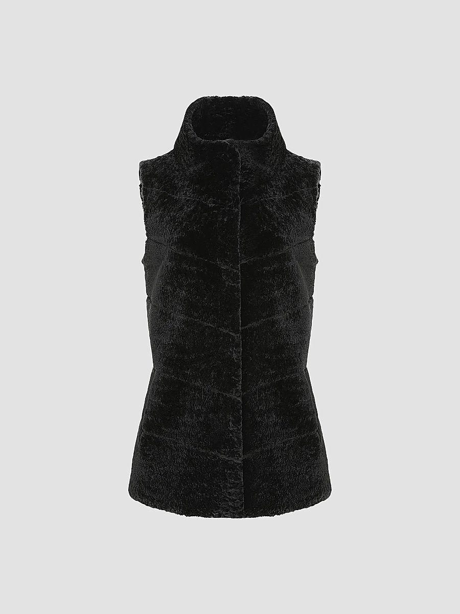 Women's Reversible Textured Shearling Lamb Vest - Black - Size Small
