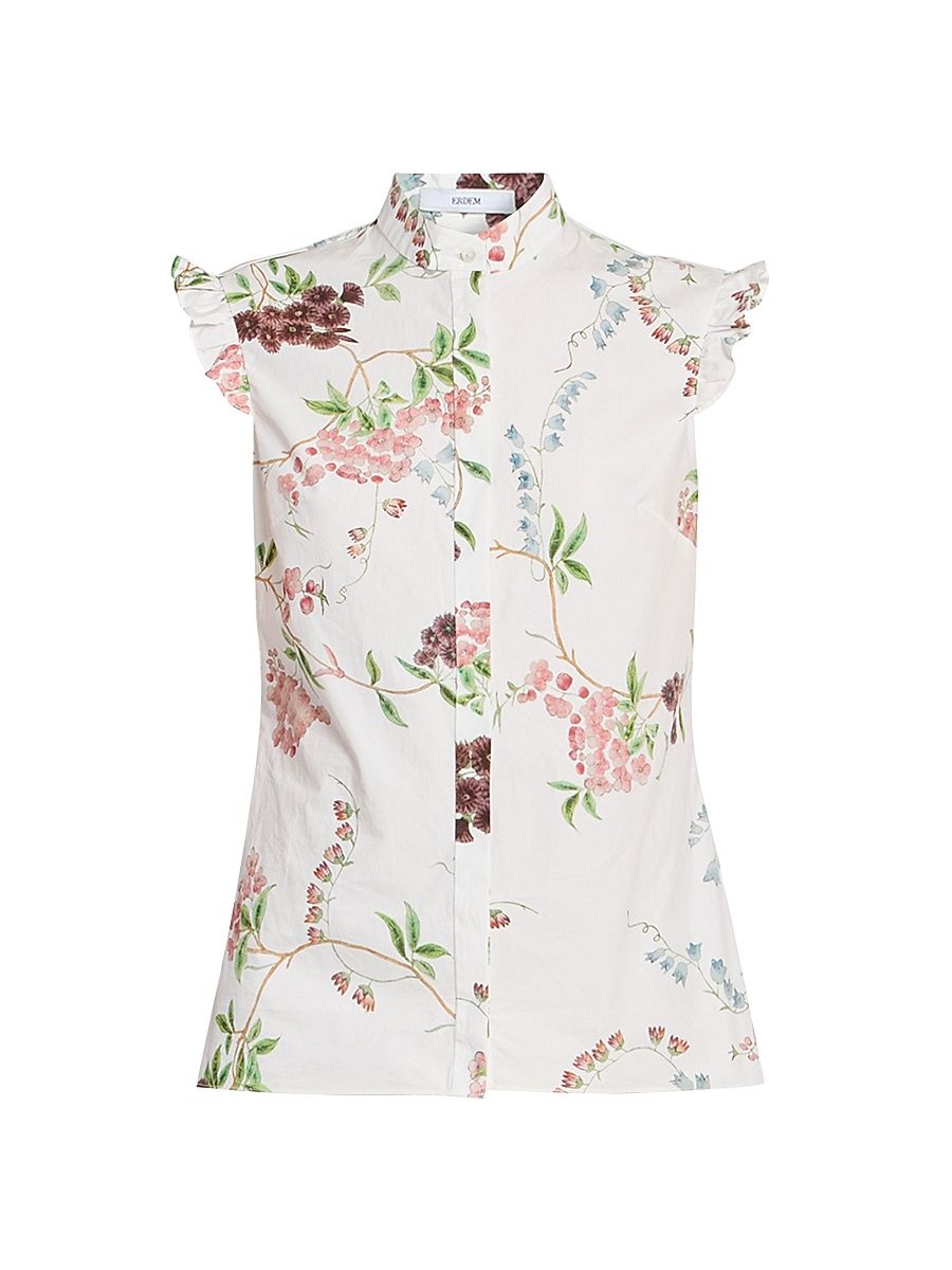 Women's Floral Cotton Sleeveless Shirt - French Chintz Multi White - Size 10