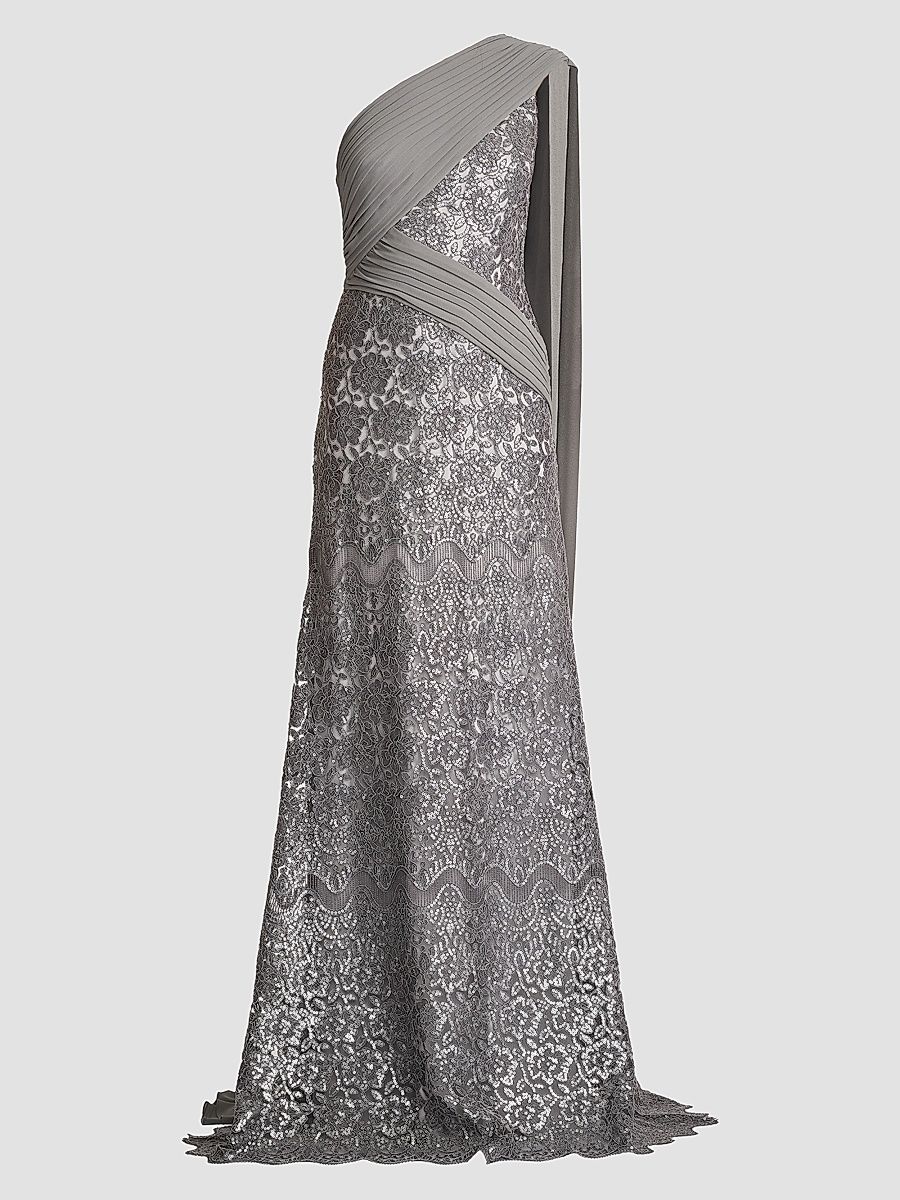 Women's Sequined Lace One-Shoulder Gown - Mist - Size 2