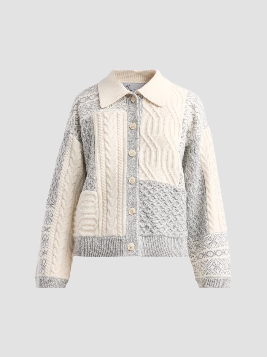 dh New York Women's Marlow Patchwork Knit Cardigan - Dove Combo - Size Large