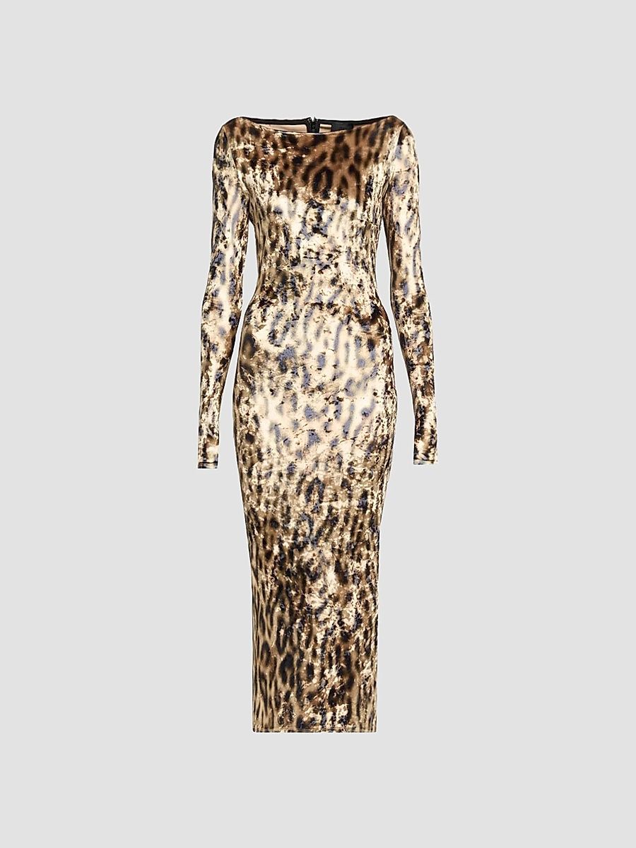 Women's Velvet Leopard Boatneck Midi Dress - Leopard - Size XS