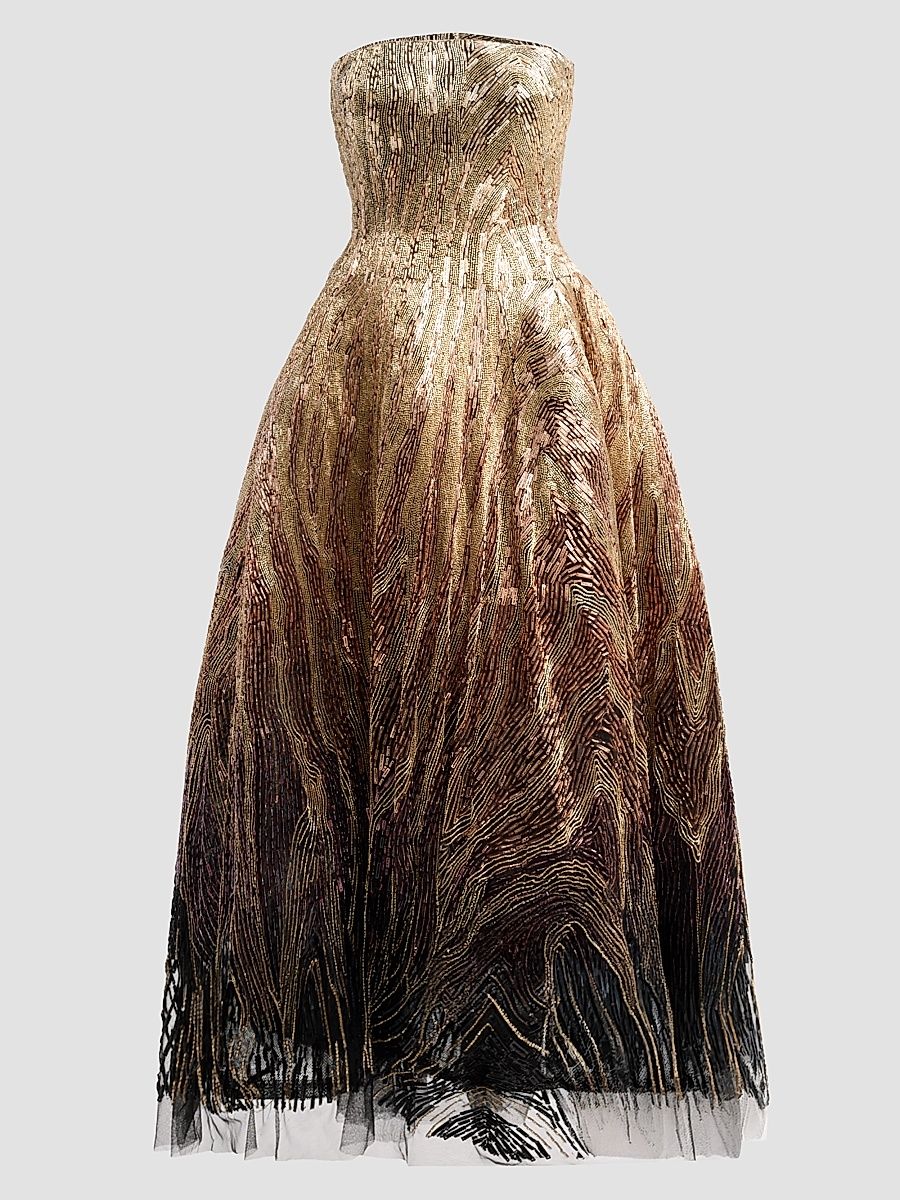 Women's Beaded Sequin Moire Ombre Strapless Gown - Gold Multi - Size 4