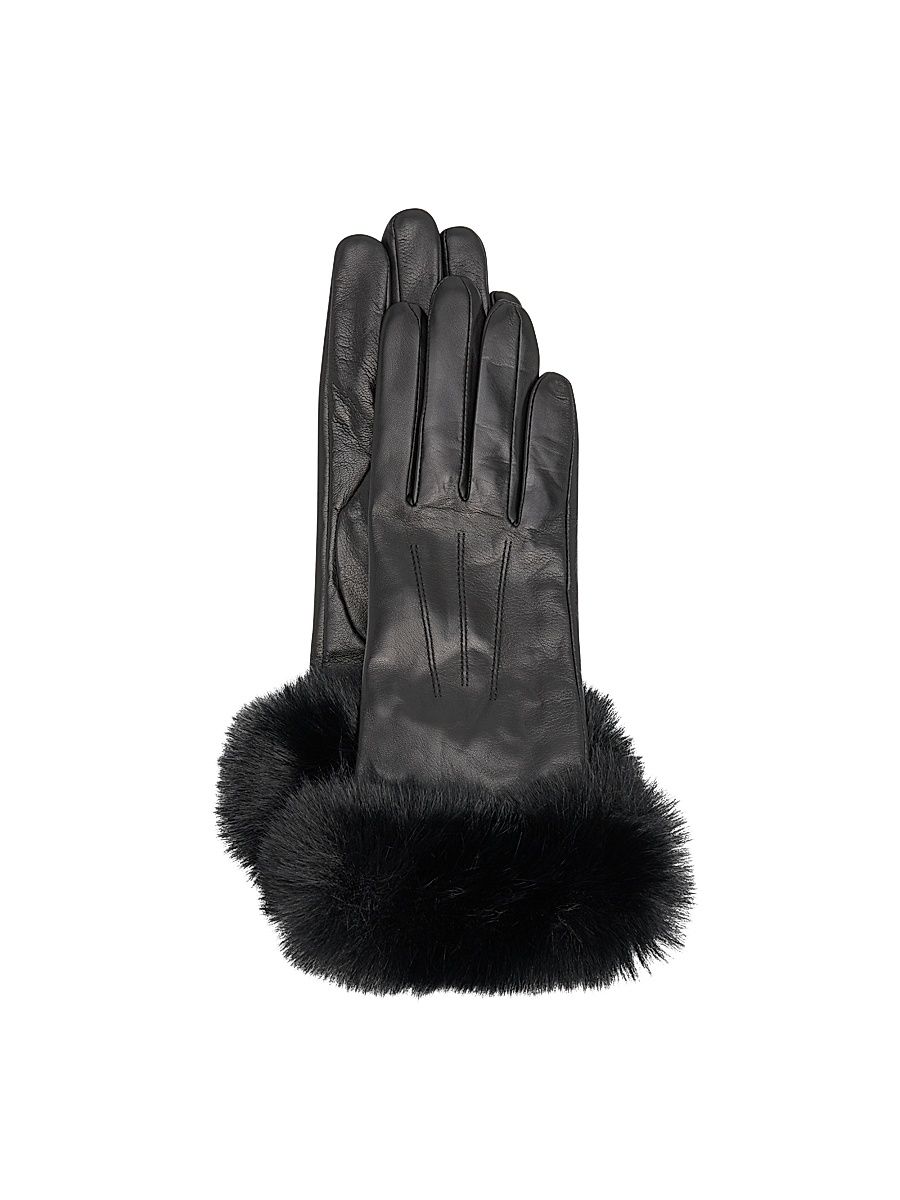 Women's Faux Fur-Trimmed Leather Gloves - Black - Size Medium